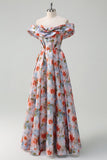 Blue Red Flower Off The Shoulder Ruched A Line Prom Dress
