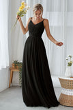 Mint Green A Line V Neck Long Pleated Bridesmaid Dress