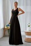Silver A Line Chiffon Long Bridesmaid Dress With Pockets