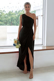 Rust One Shoulder Satin Long Asymmetrical Bridesmaid Dress