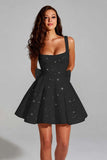 Sparkly Ivory A Line Square Neck Sequin Little White Dress with Bow