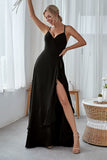 Slate Blue A Line Ruffles Long Bridesmaid Dress With Split