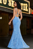 Gorgeous Light Blue Mermaid V Neck Long Sequined Prom Dress