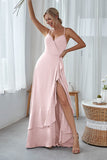 Slate Blue A Line Ruffles Long Bridesmaid Dress With Split