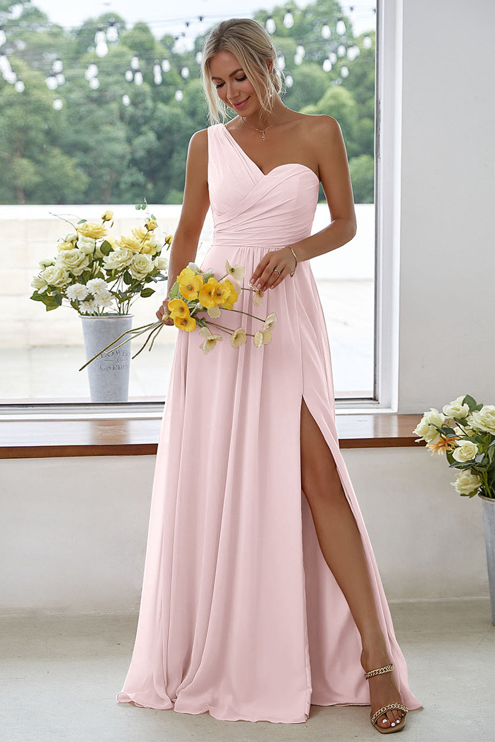 Leely Women Peach Long Bridesmaid Dress One Shoulder Chiffon