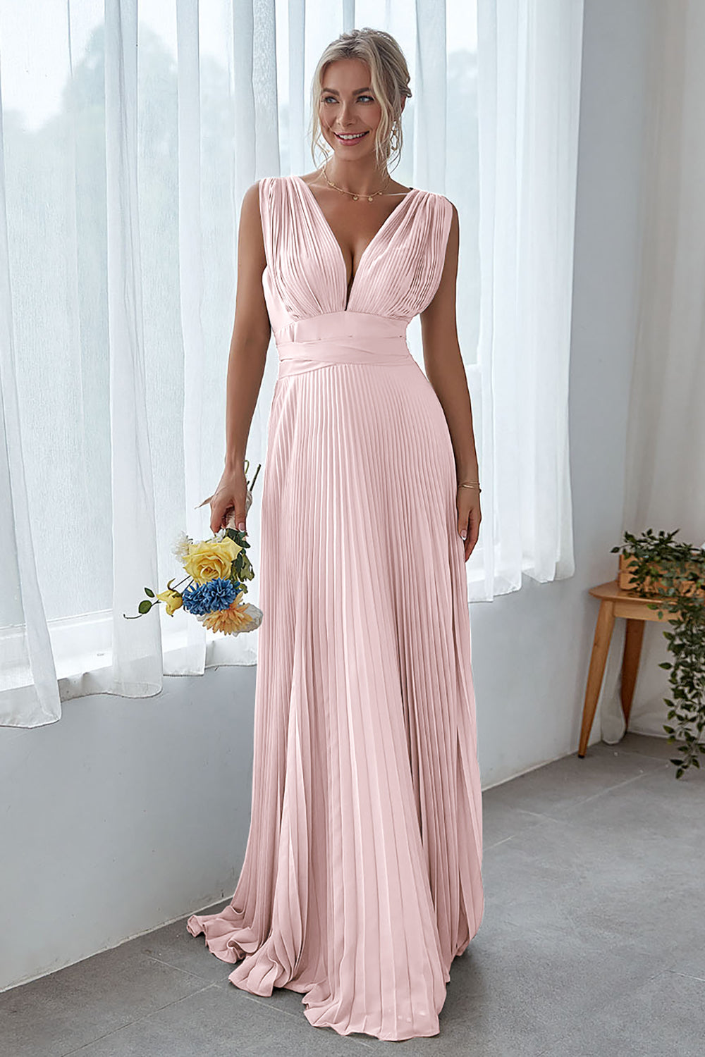 Leely Women Dolphin Grey Long Bridesmaid Dress A Line V Neck Pleated Formal Dress leelyuk