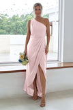 Rust One Shoulder Satin Long Asymmetrical Bridesmaid Dress