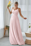 Mint Green A Line V Neck Long Pleated Bridesmaid Dress
