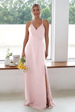 Burgundy A Line Long Bridesmaid Dress With Slit