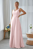 Silver A Line Chiffon Long Bridesmaid Dress With Pockets