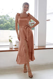 Champagne Square Neck Short Bridesmaid Dress With Slit