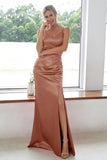 Burgundy Sheath V Neck Satin Long Bridesmaid Dress With Split