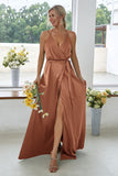Dark Green Backless V-Neck Long Bridesmaid Dress With Side Slit