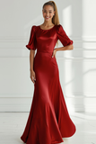 Champagne Round Neck Satin Maxi Bridesmaid Dress with Sleeves