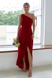Rust One Shoulder Satin Long Asymmetrical Bridesmaid Dress