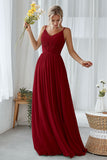 Mint Green A Line V Neck Long Pleated Bridesmaid Dress