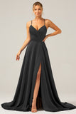 A Line Satin Royal Blue Spaghetti Straps Prom Dress with Slit