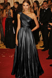One Shoulder Golden Metallic Pleated A-Line Formal Dress