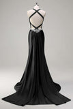 Dark Green Corset Beaded Satin Mermaid Sweep Train Prom Dress