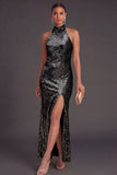 Sparkly Black Mermaid High Neck Sequins Long Formal Dress with Slit