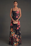 Ivory Floral A Line Thick Straps Ruched Backless Long Formal Dress