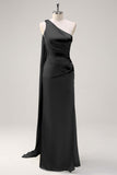 Sage One Shoulder Sheath Satin Watteau Train Bridesmaid Dress