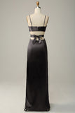 Spaghetti Straps Cut Out Olive Long Bridesmaid Dress with Slit