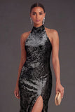 Sparkly Black Mermaid High Neck Sequins Long Formal Dress with Slit