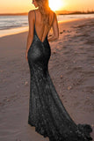 Sparkly Silver Spaghetti Straps Mermaid Sequined Formal Dress