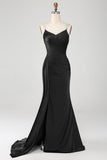 Mermaid Navy Spaghetti Straps Long Prom Dress With Slit