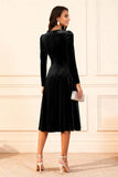 Dark Green Velvet A Line Midi Glitter Holiday Party Dress with Sleeves