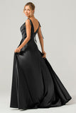 Dark Green A-Line Spaghetti Straps Satin Long Bridesmaid Dress With Slit