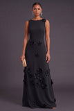 Hot Pink A Line Boat Neck Long Formal Dress with 3D Flowers
