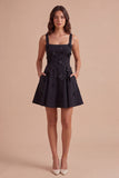Blue Floral A Line Square Neck Short Cocktail Dress