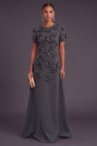 Blue Floral A Line Round Neck Long Formal Dress with Sleeves