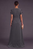 Blue Floral A Line Round Neck Long Formal Dress with Sleeves