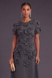 Blue Floral A Line Round Neck Long Formal Dress with Sleeves