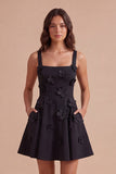 Blue Floral A Line Square Neck Short Cocktail Dress