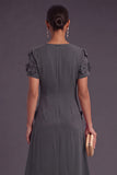 Blue Floral A Line Round Neck Long Formal Dress with Sleeves