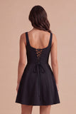 Blue Floral A Line Square Neck Short Cocktail Dress