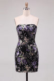 Sparkly Floral Pink Sequin Bodycon Short Cocktail Dress with Beading