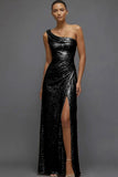Sparkly Champagne Sequin One Shoulder Ruched Long Prom Dress with Slit