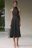Pink Satin A Line Halter Tea Length Formal Dress