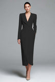 Simple Ivory Sheath Satin V-Neck Long Sleeves Work Dress