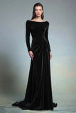 Elegant Plum Velvet Bateau Neck Long Formal Dress with Sleeves