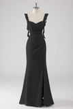 Dusty Blue Sheath Ruffled Maxi Bridesmaid Dress with Slit