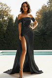 Metallic Golden Off the Shoulder Sheath Prom Dress with Slit