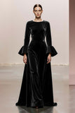 Dark Green Round Neck A Line Velvet Long Formal Dress with Sleeves
