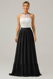 Eucalyptus A-Line Halter Pleated Keyhole Chiffon Bridesmaid Dress With Lace