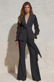 White V Neck Ruched Ruffled 2 Piece Work Suits with Pockets